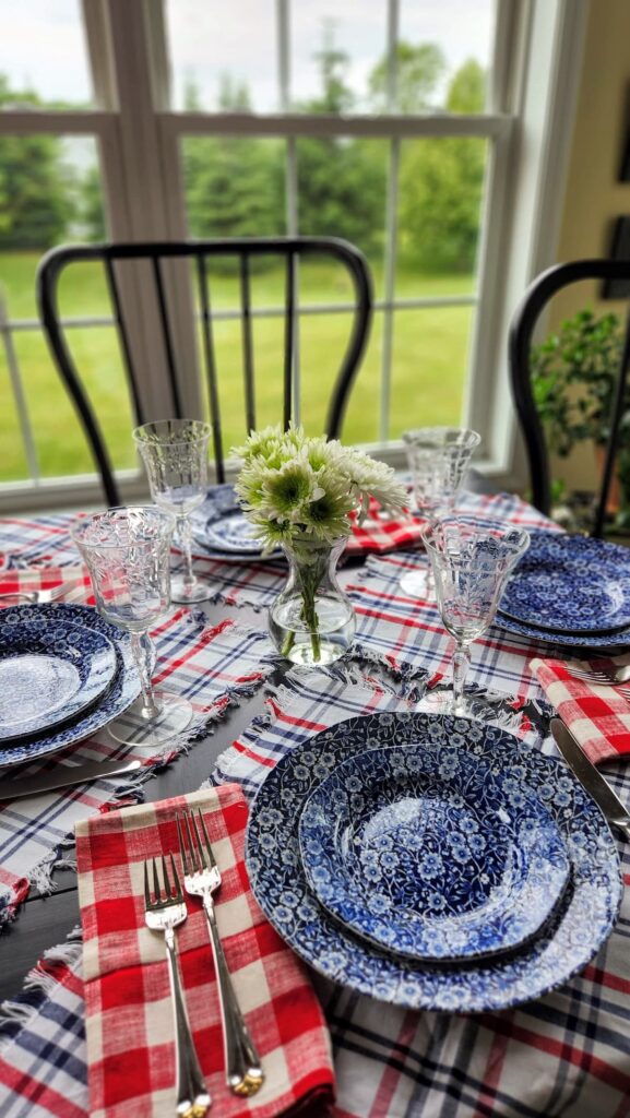 blue plaid and red checked linens on table with blue chintz dishes for patriotic table
