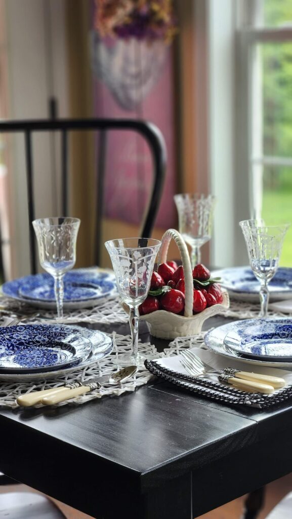 blue chintz dishes on patriotic table
