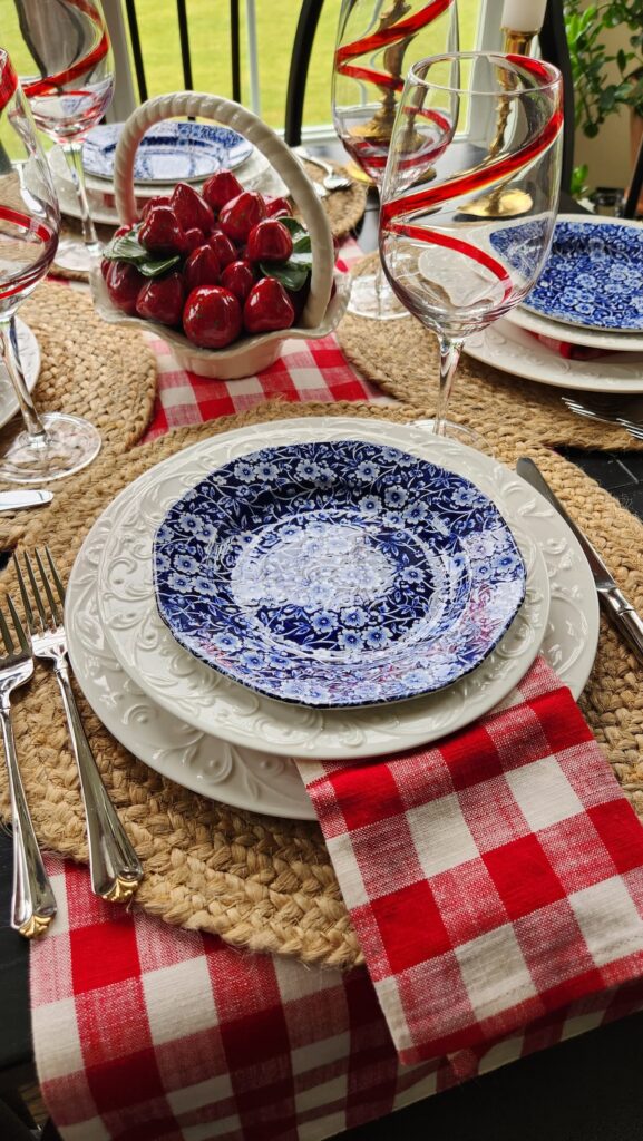 jute placemat with white dishes and a blue and white salad plate on top