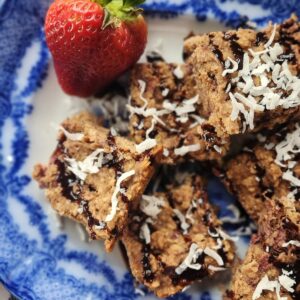 Strawberry protein bars on blue vintage plate