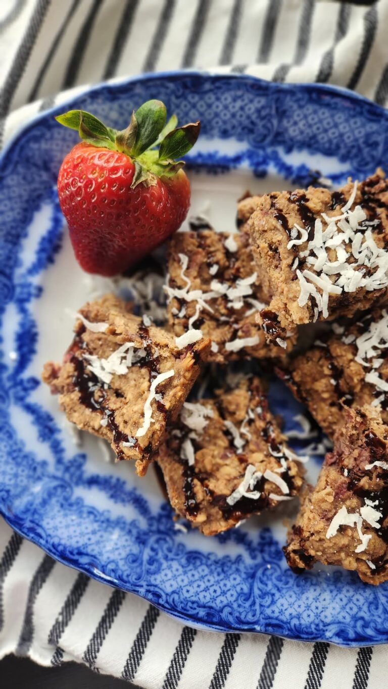 Strawberry protein bars on blue vintage plate