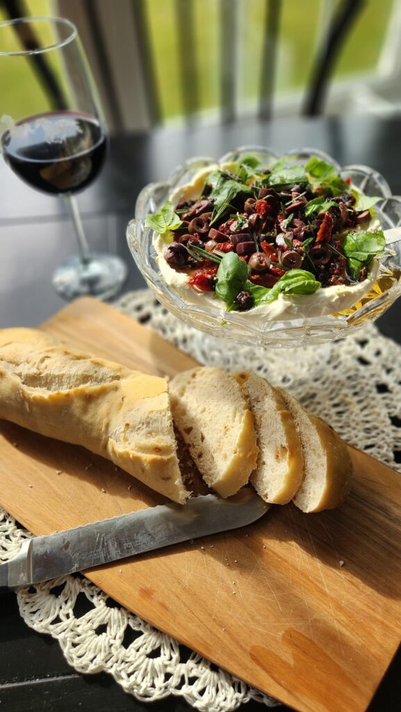 sundried tomato and goat cheese spread overhead view