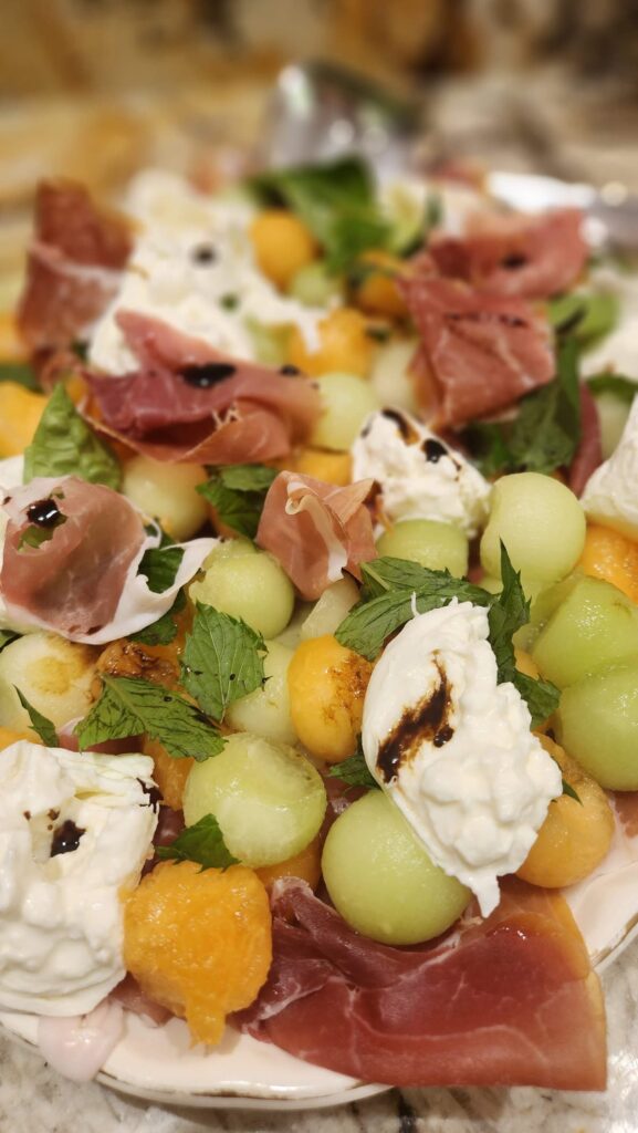 melon ball salad with prosciutto and mozzarella and fresh mint