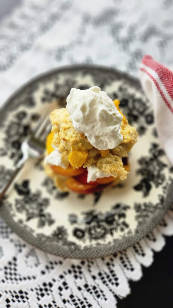 overhead view of shortcake with nectarines and whipped cream