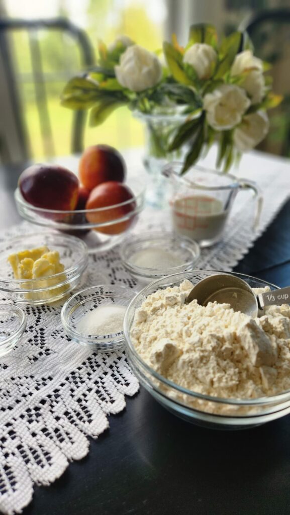 ingredients on table to make shortcake recipe with nectarines