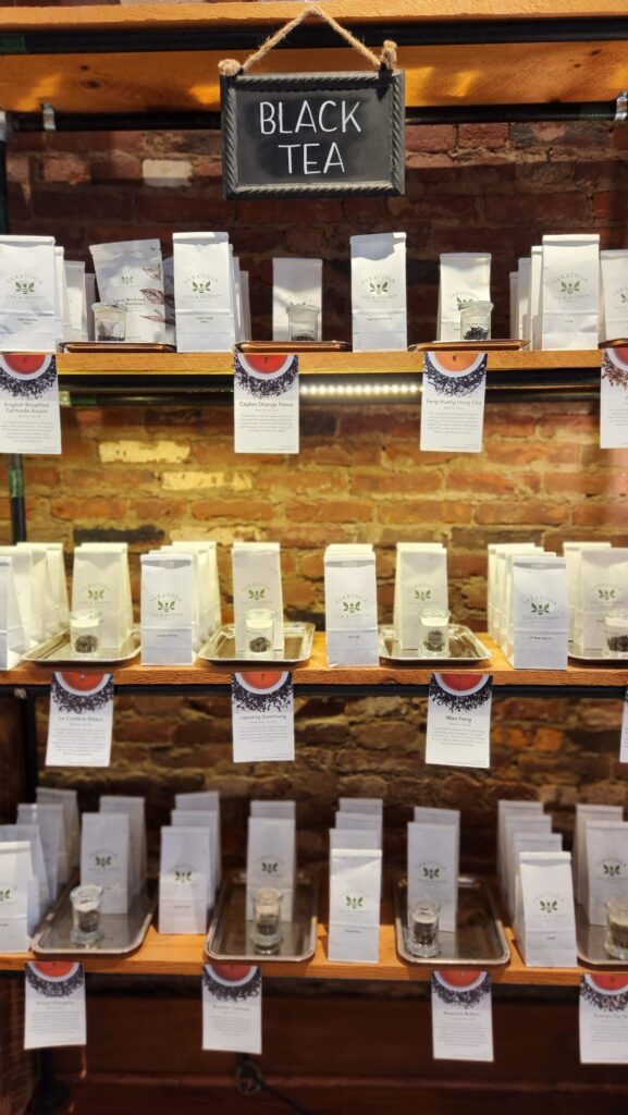 shelf of tea at Saratoga Tea and Honey store