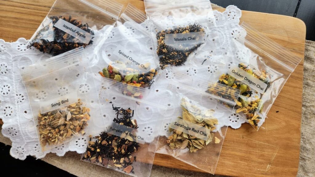 small clear bags of fall teas on table