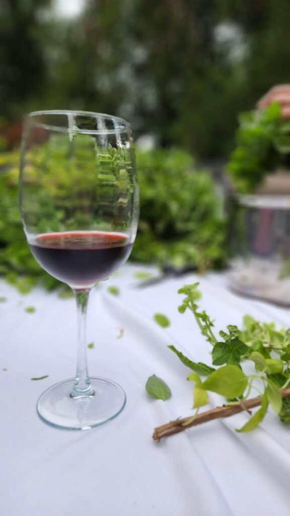 glass of red wine on table with basil leaves piled behind it