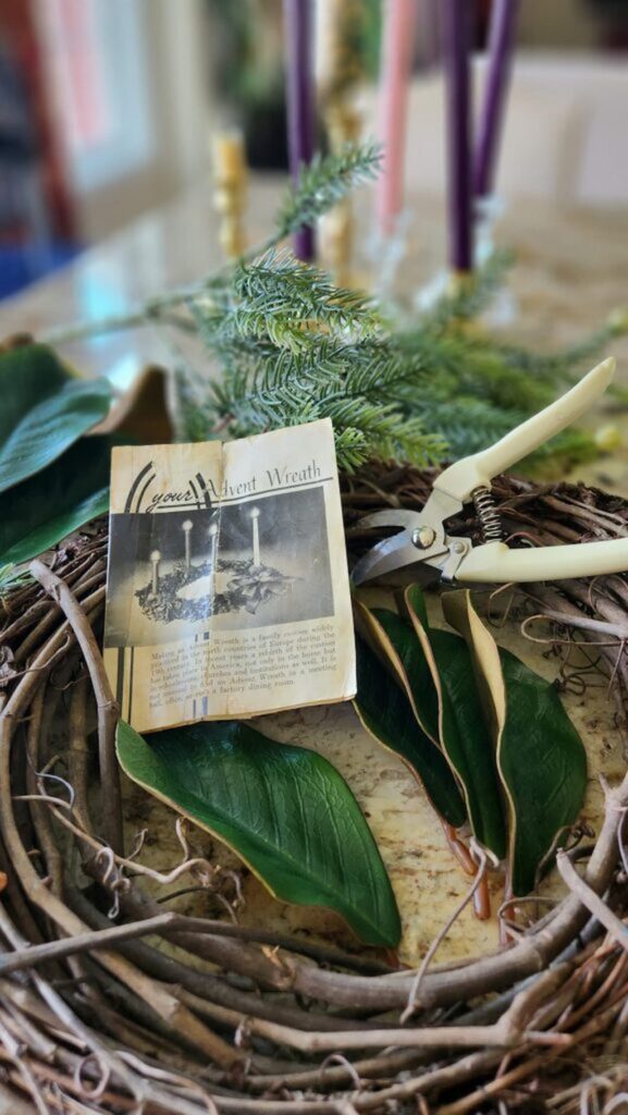grapevine wreath, clippers, faux greenery for making and advent wreaath