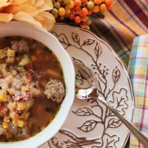 bowl of trader joes holiday hash soup with pretty bird dish under the bowl