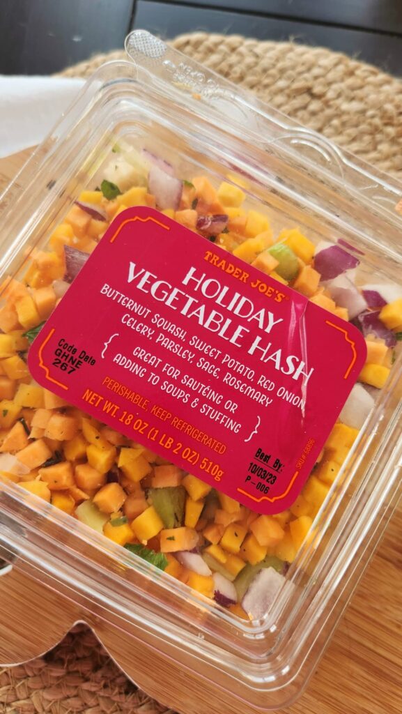 package of holiday vegetable hash for trader joes