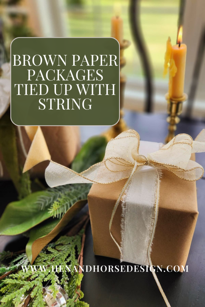 pinterest pin for brown paper packages tied up with string