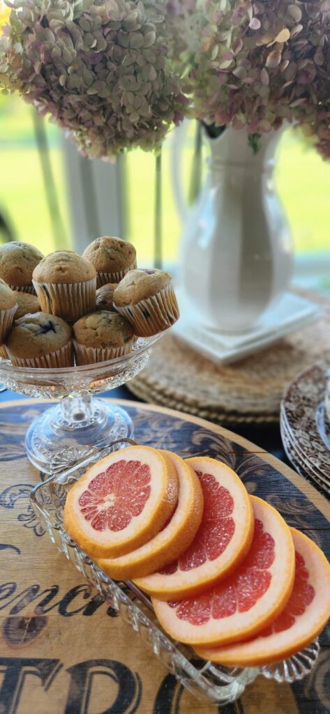 sliced grapefruit in a vintage crystal dish