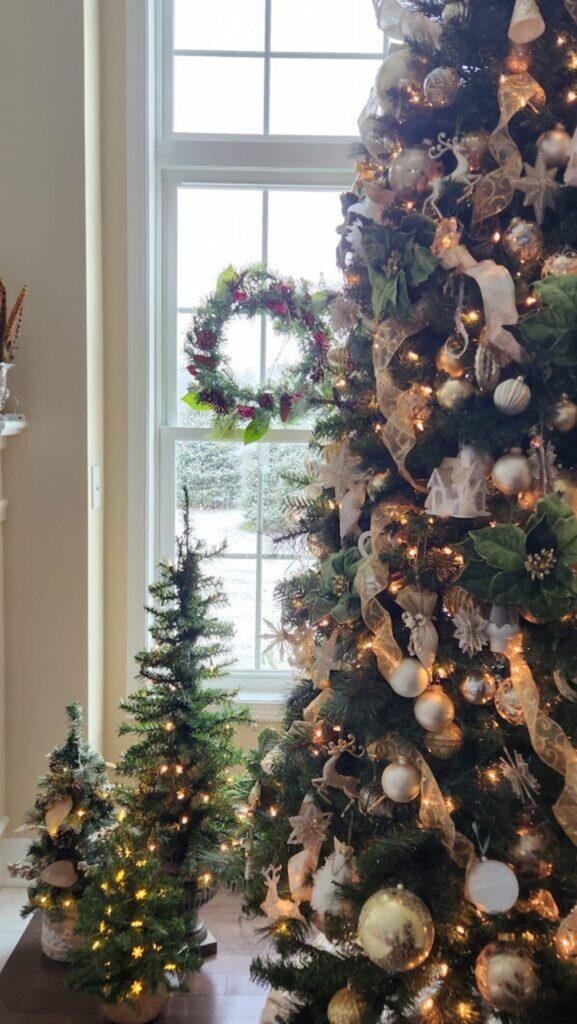christmas tree decorated in ivory and gold in front of window