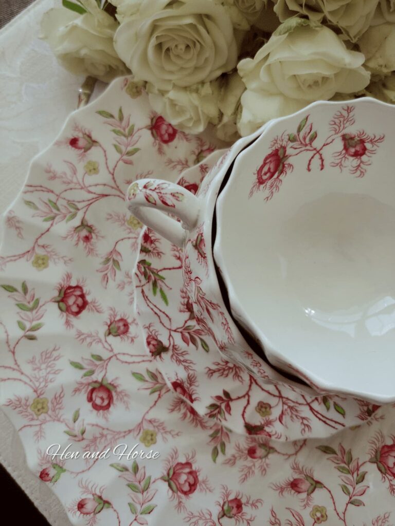 overhead view of a pink chintz cup and saucer 