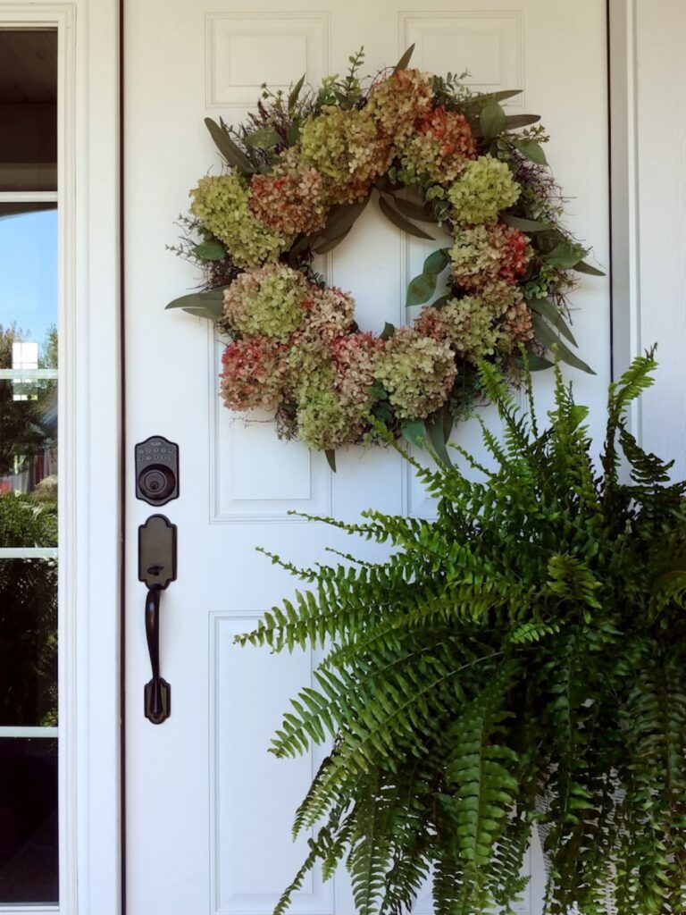 hydrangea wreath on front door