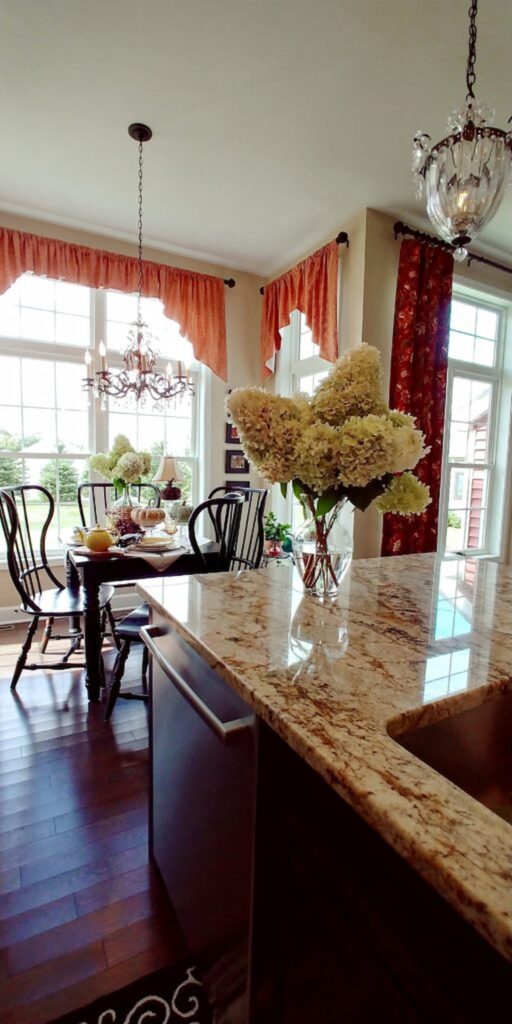 hydrangeas in vase on kitchen counter