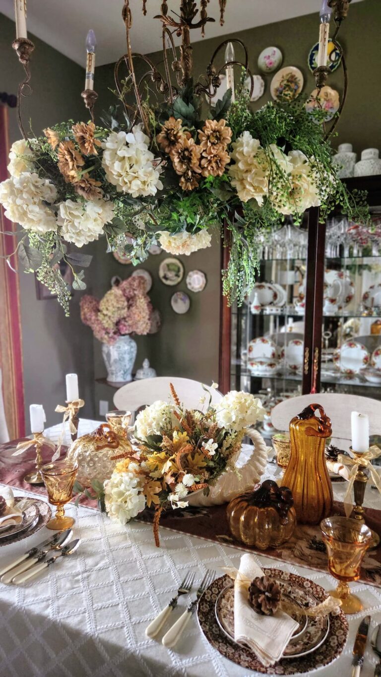 thanksgiving table set with browns and ivory