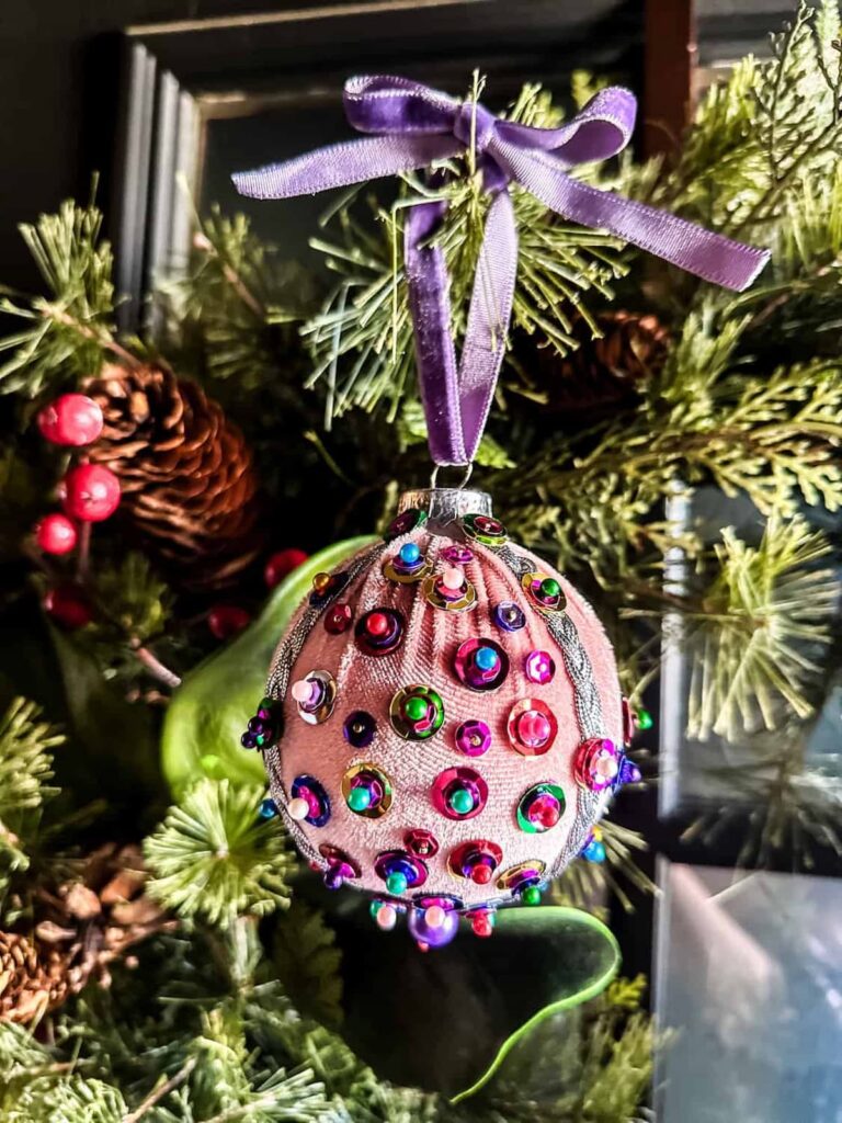 Handmade Christmas Ornament with pink and purple. 