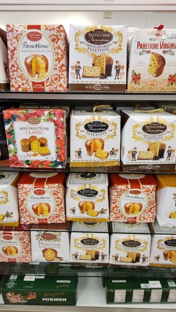 store shelf with boxes of panettone on them 