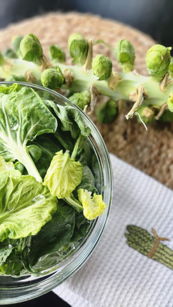 brussel sprouts and brussel sprout leaves in a glass mixing bowl