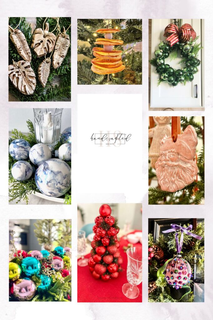 pinterest pin for handcrafted society for december all about ornaments