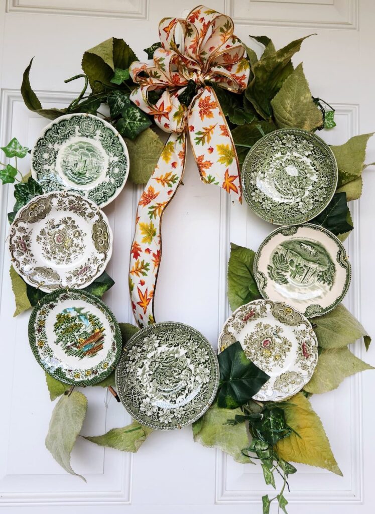 vintage green transferware plates on a wreath