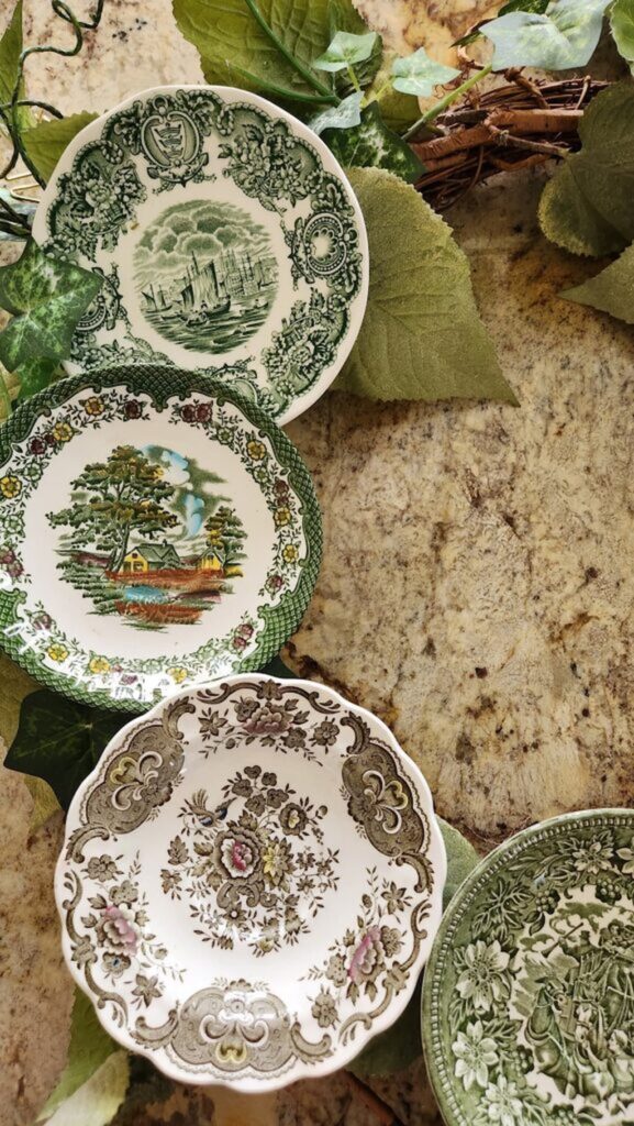 green vintage plates on grapevine wreath