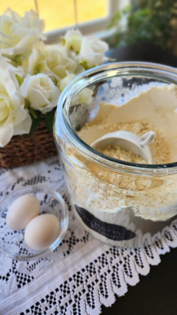 glass jar with einkorn flour in it