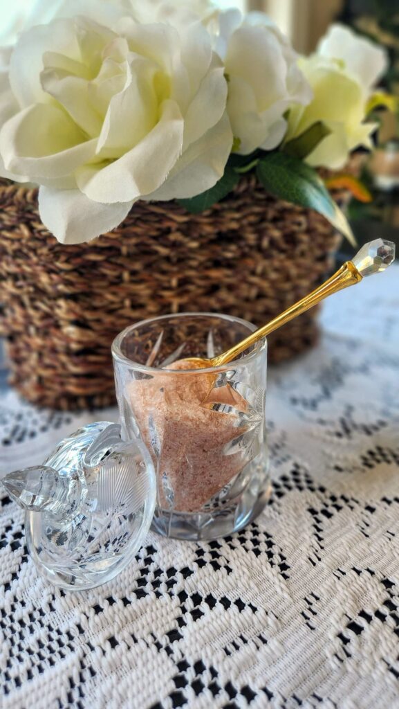 pink Himalayan salt in vintage glass jar