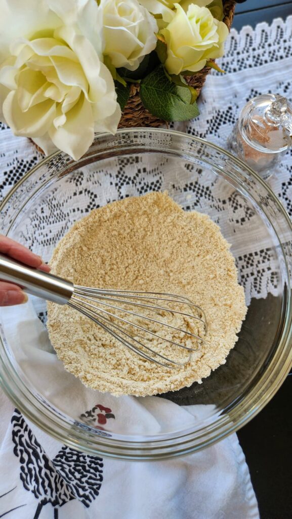 overhead view of flour in a mixing bowl