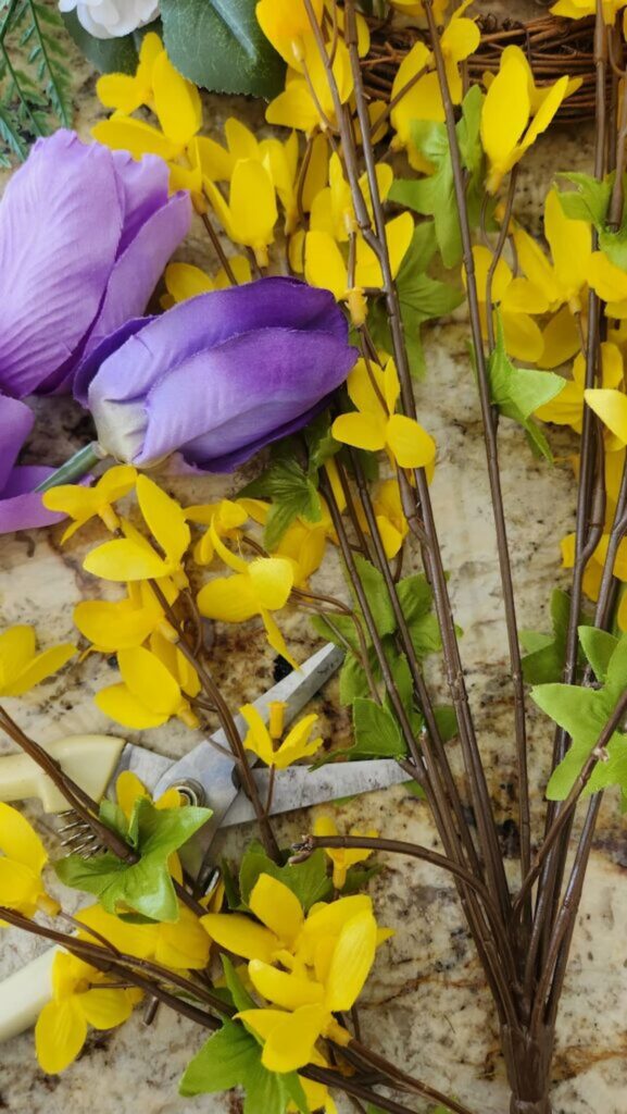 yellow flowers and purple tulips for bunny wreath