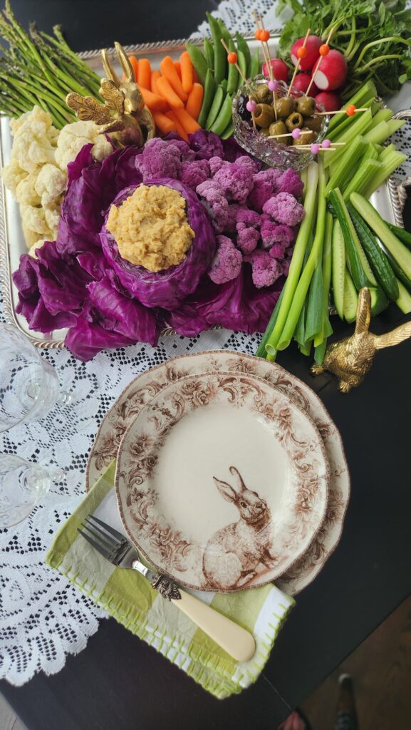 brown and ivory bunny dishes on table with veggies for easter veggie tray ideas