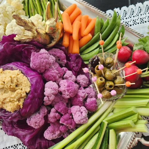 veggie tray for easter with colorful vegetables