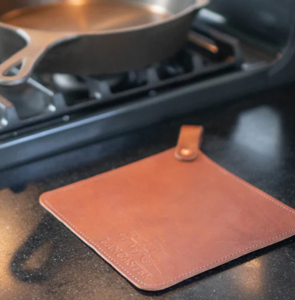 leather pot holder by Lancaster Cast Iron