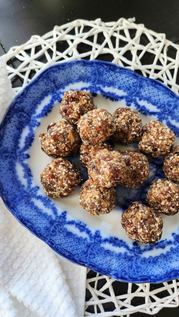 no bake flax seed bars on blue and white vintage dish