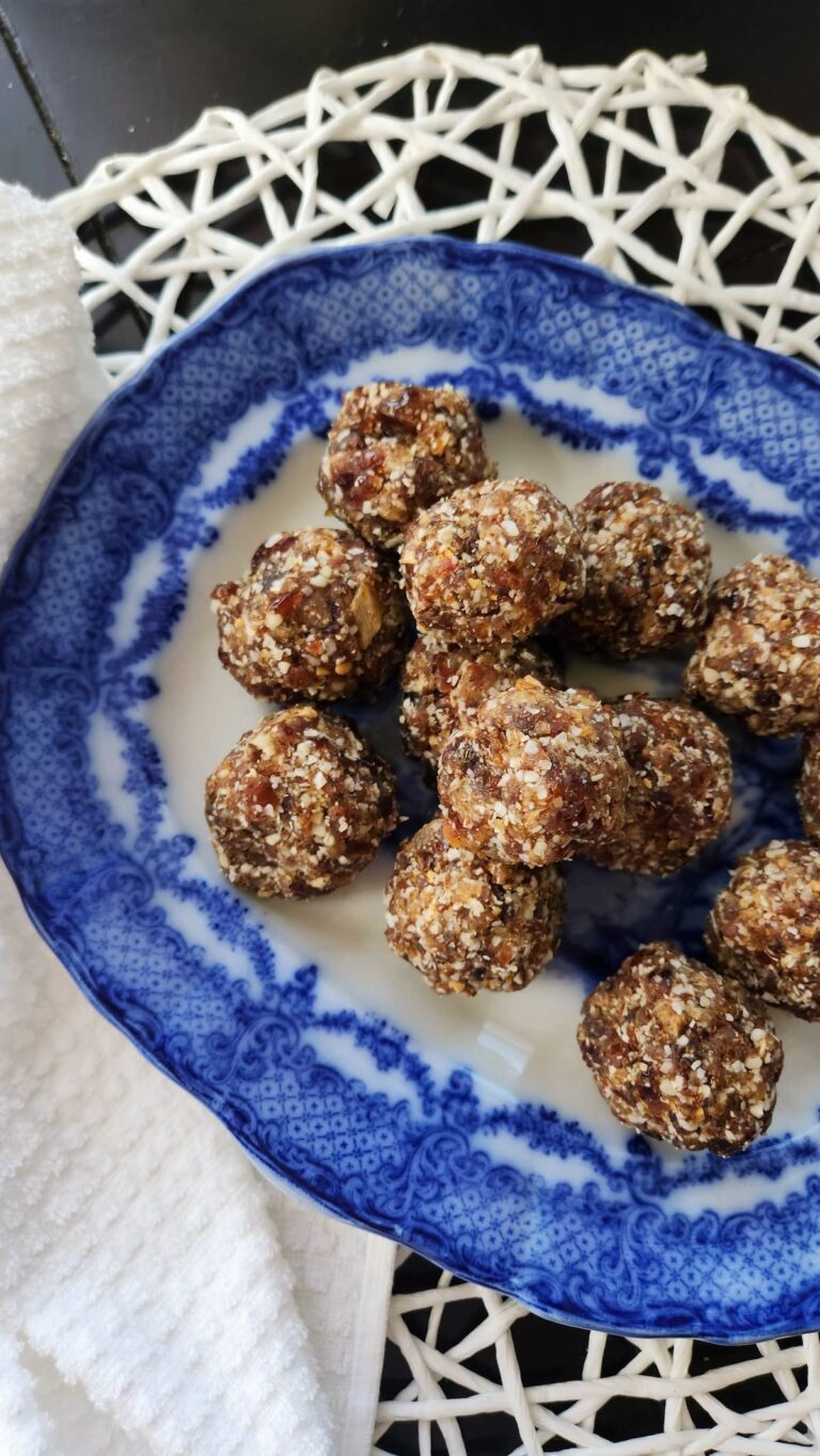 flax seed balls on a blue and white dish