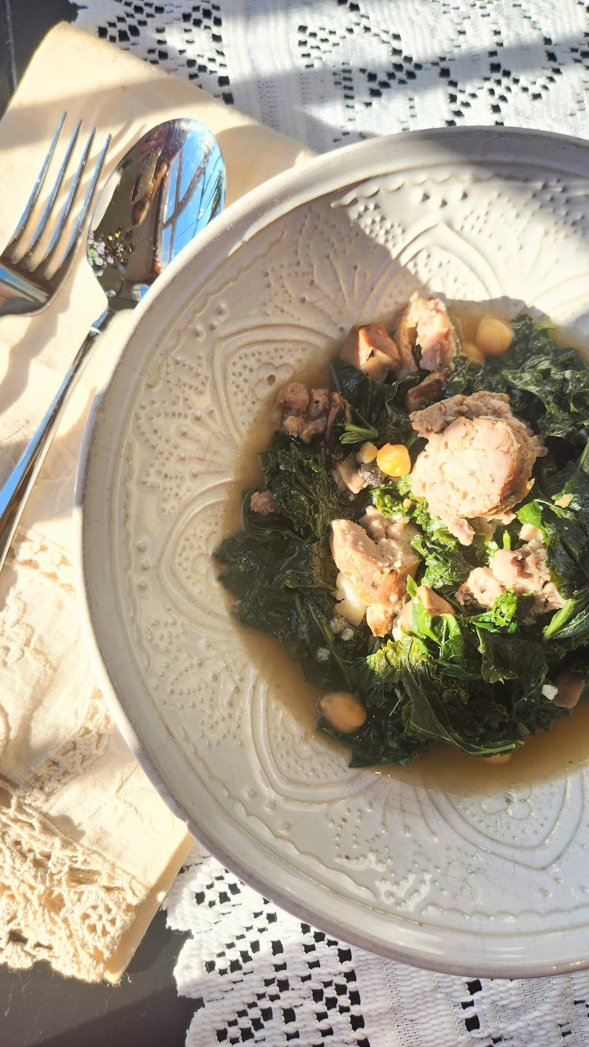 greens and beans on table