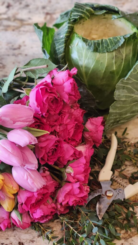 fresh pink roses, tulips and cabbage for a cabbage arrangement