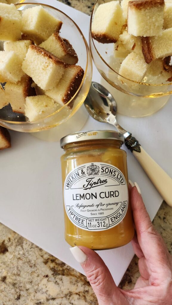 cubed pieces of pound cake for lemon curd dessert
