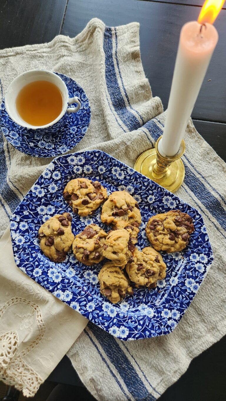 cookies on blue and white dish