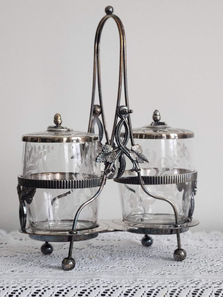 antique glass and silver plated double pickle jar