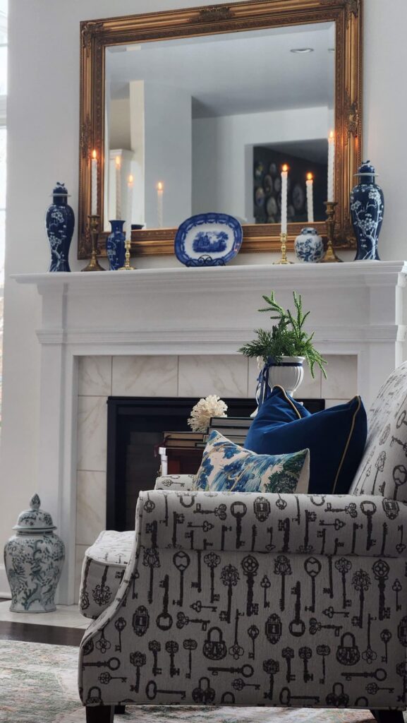 living room with lighter, fresh winter to spring mantel