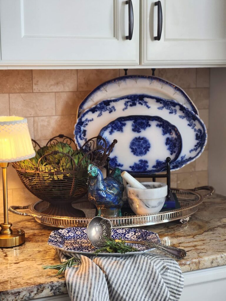 flow blue plates on counter top