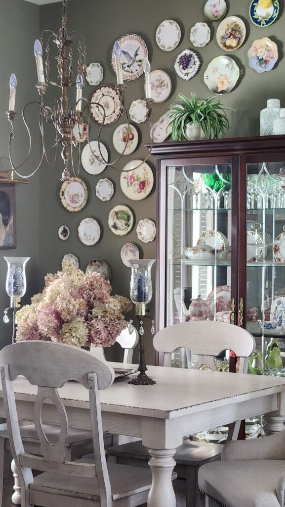 dining room with large gallery wall of plates