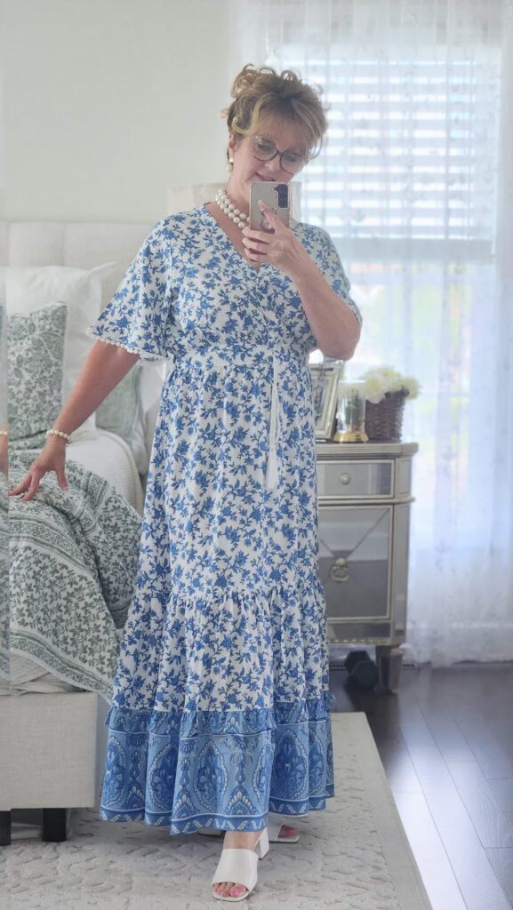 lady with blue floral dress