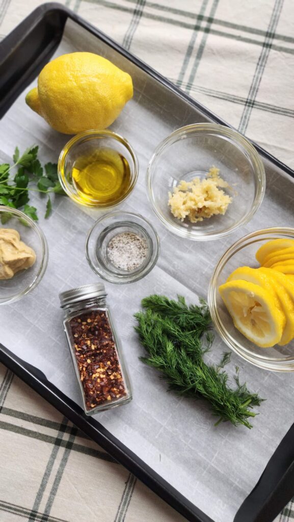 ingredients for dijon mustard herb marinade for sheet pan salmon