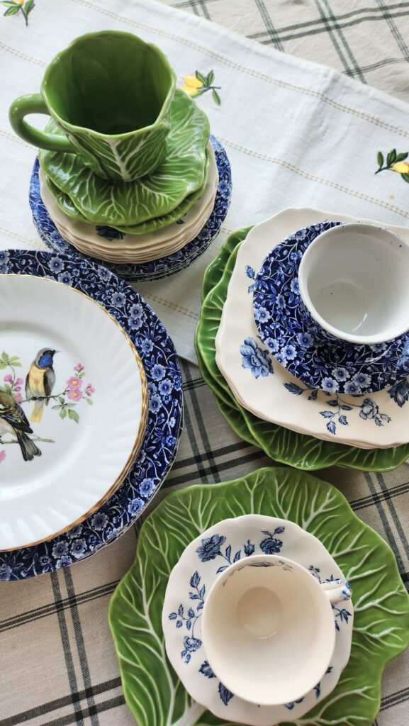 mismatched dish stack with cabbageware dishes