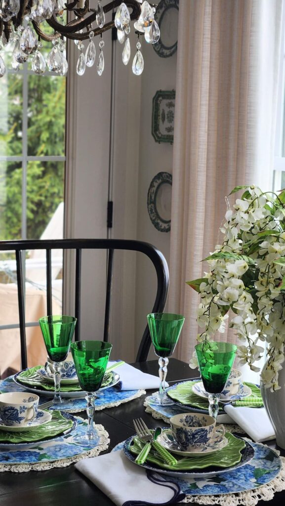 mismatched dishes with green goblets, cabbageware dishes any hydrangea placemats