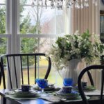 full view of table with mismatched dishes set